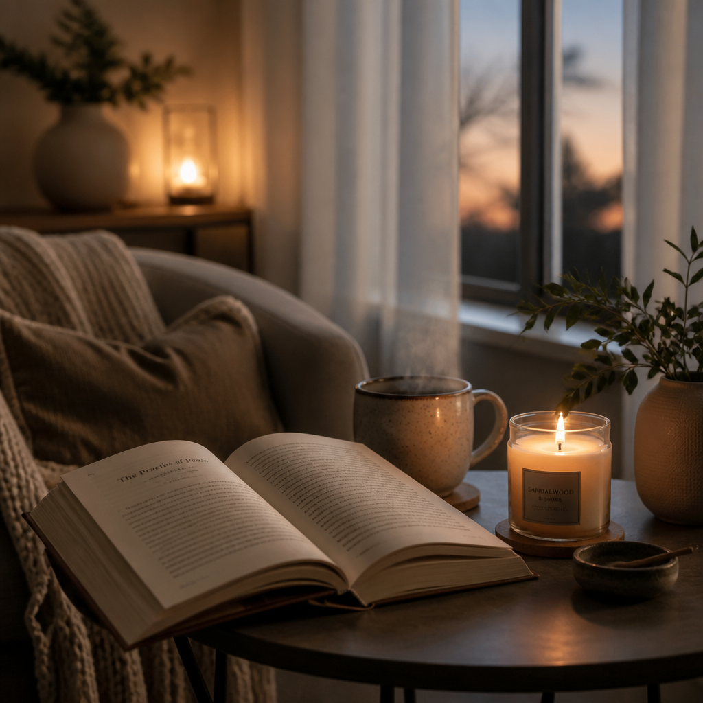 Cozy evening setup with lit candle, book, and warm beverage for wind-down