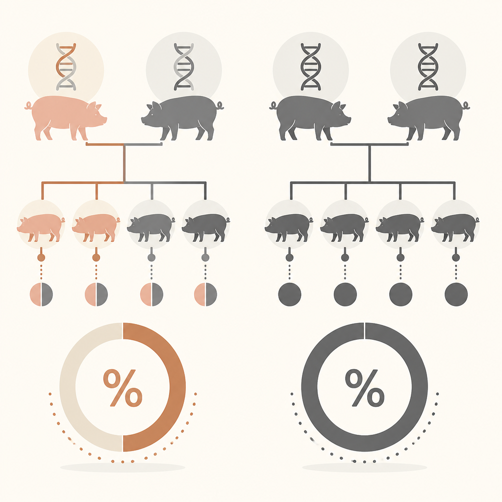 Diagrama visual comparativo de herencia genética de razas de cerdo