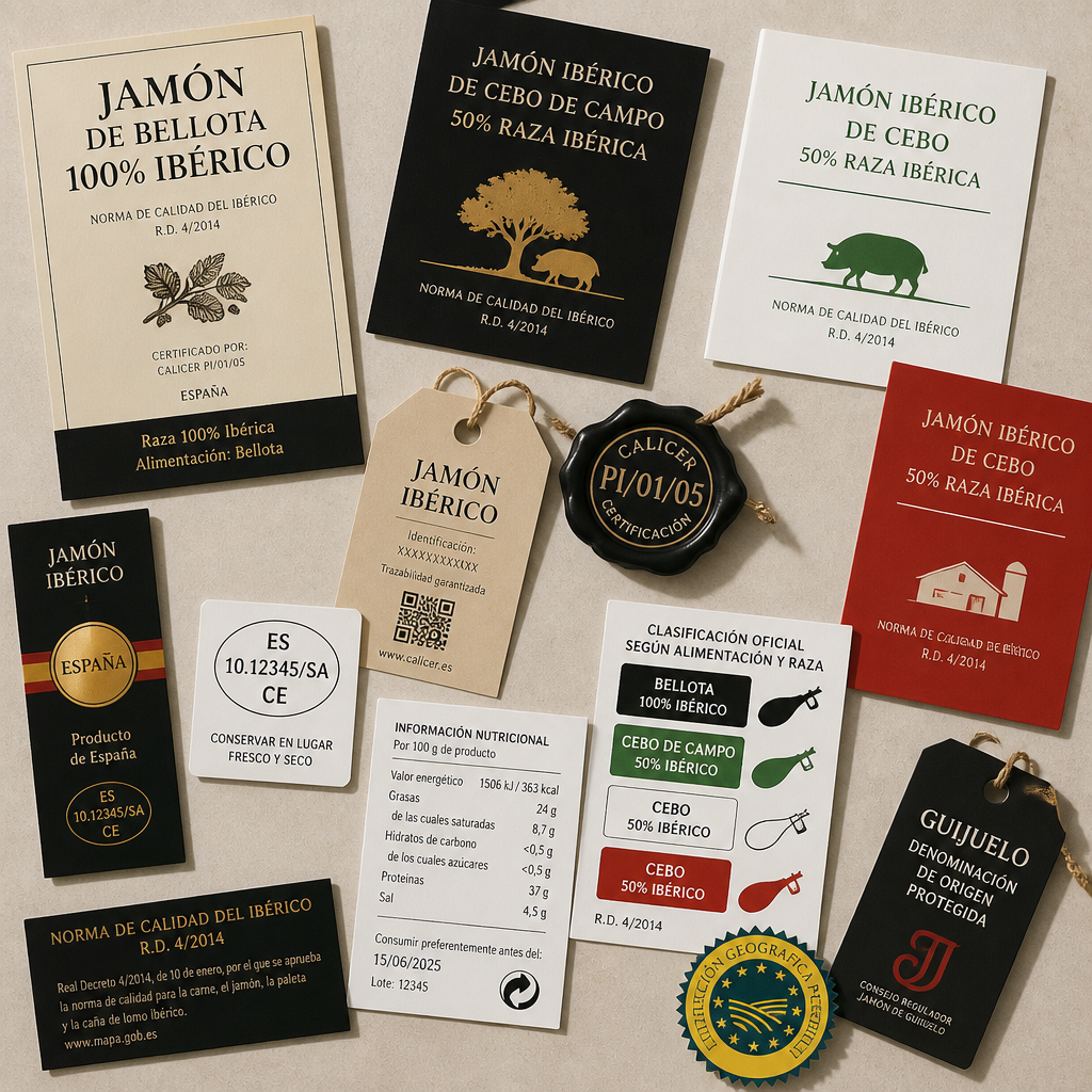Etiquetas y certificaciones de jamón ibérico con información normativa