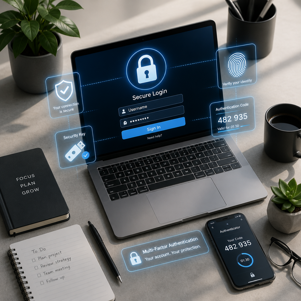 Kontorarbejdsplads med laptop og digitale sikkerhedsikonskaber som illustration af IT-beskyttelse