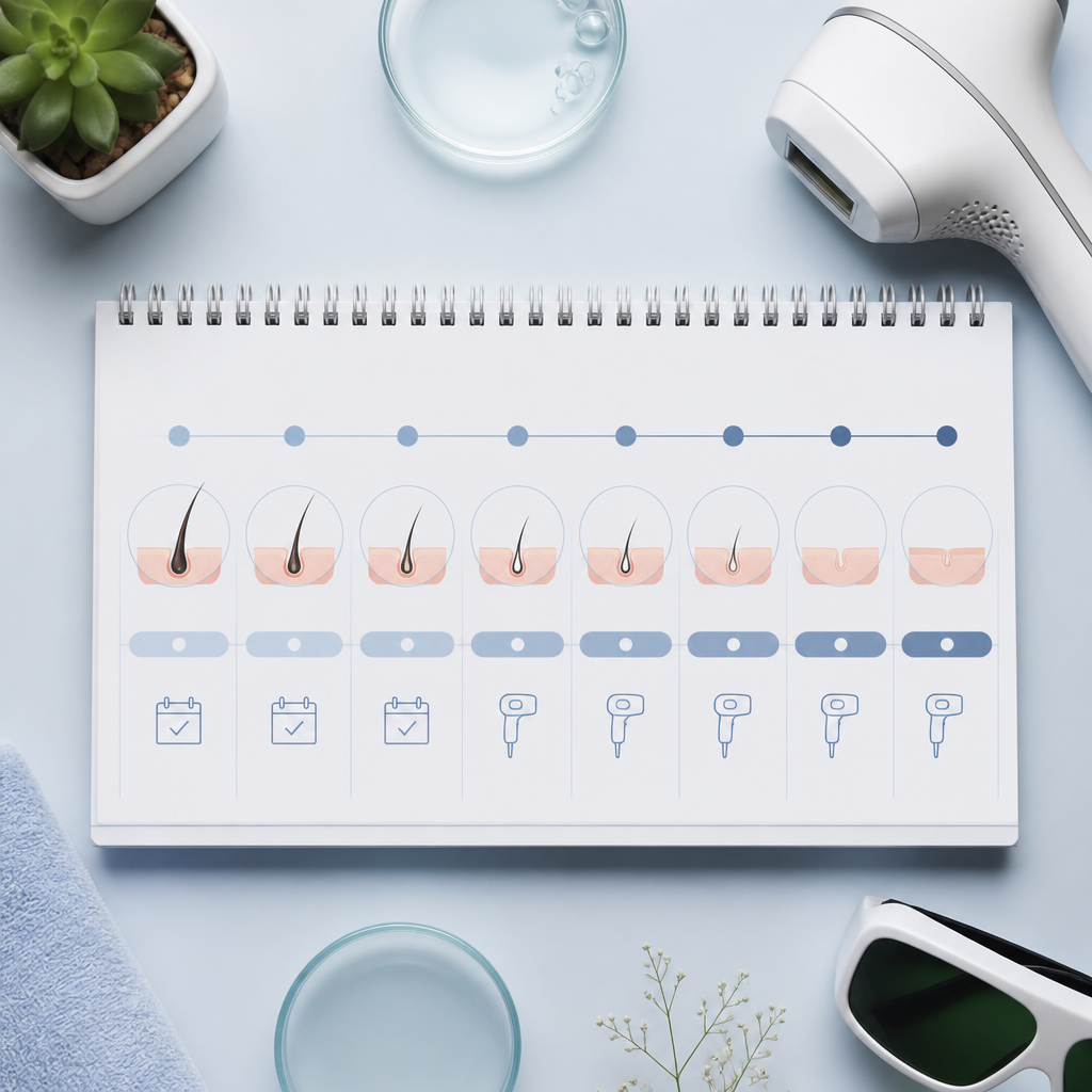 Timeline graphic showing multiple laser hair removal sessions scheduled over several months