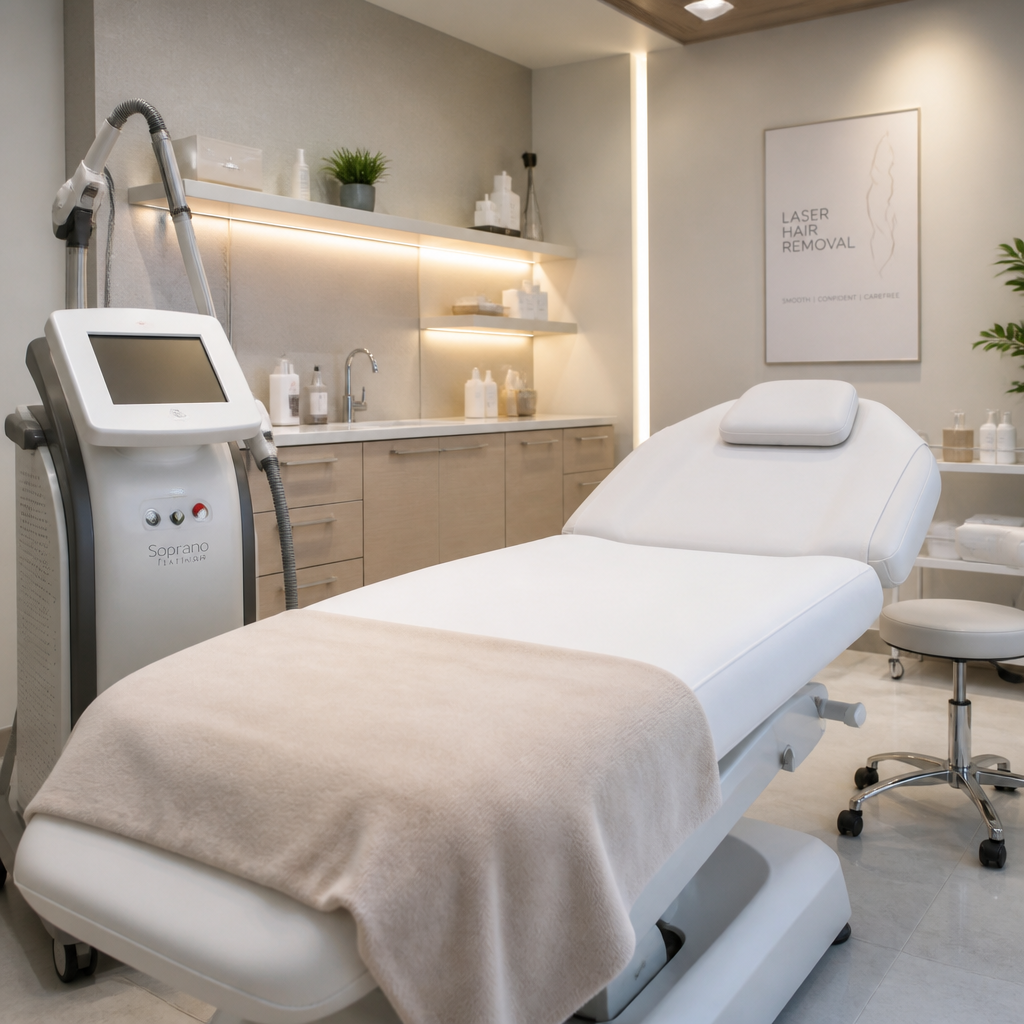 Professional laser treatment room with medical equipment and calming clinic environment