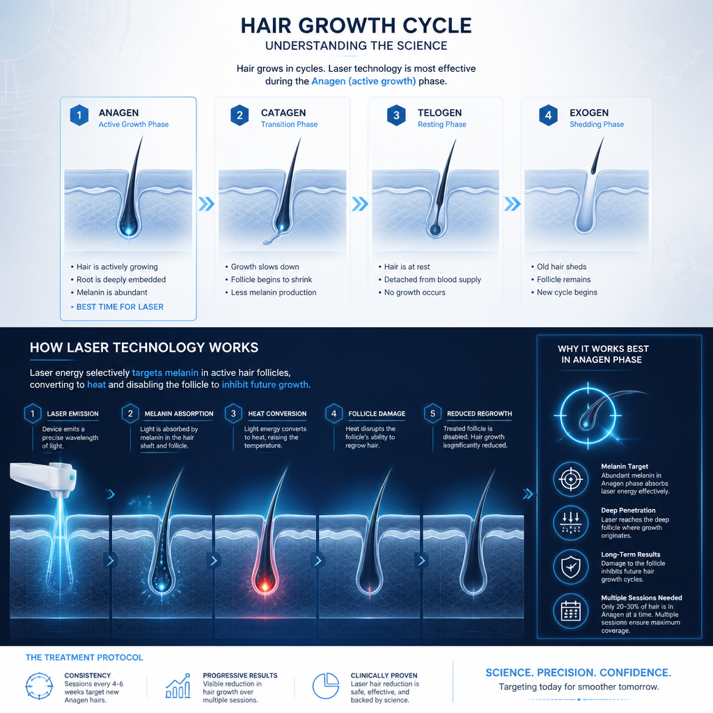 Stylized diagram illustrating how laser technology targets hair growth cycles