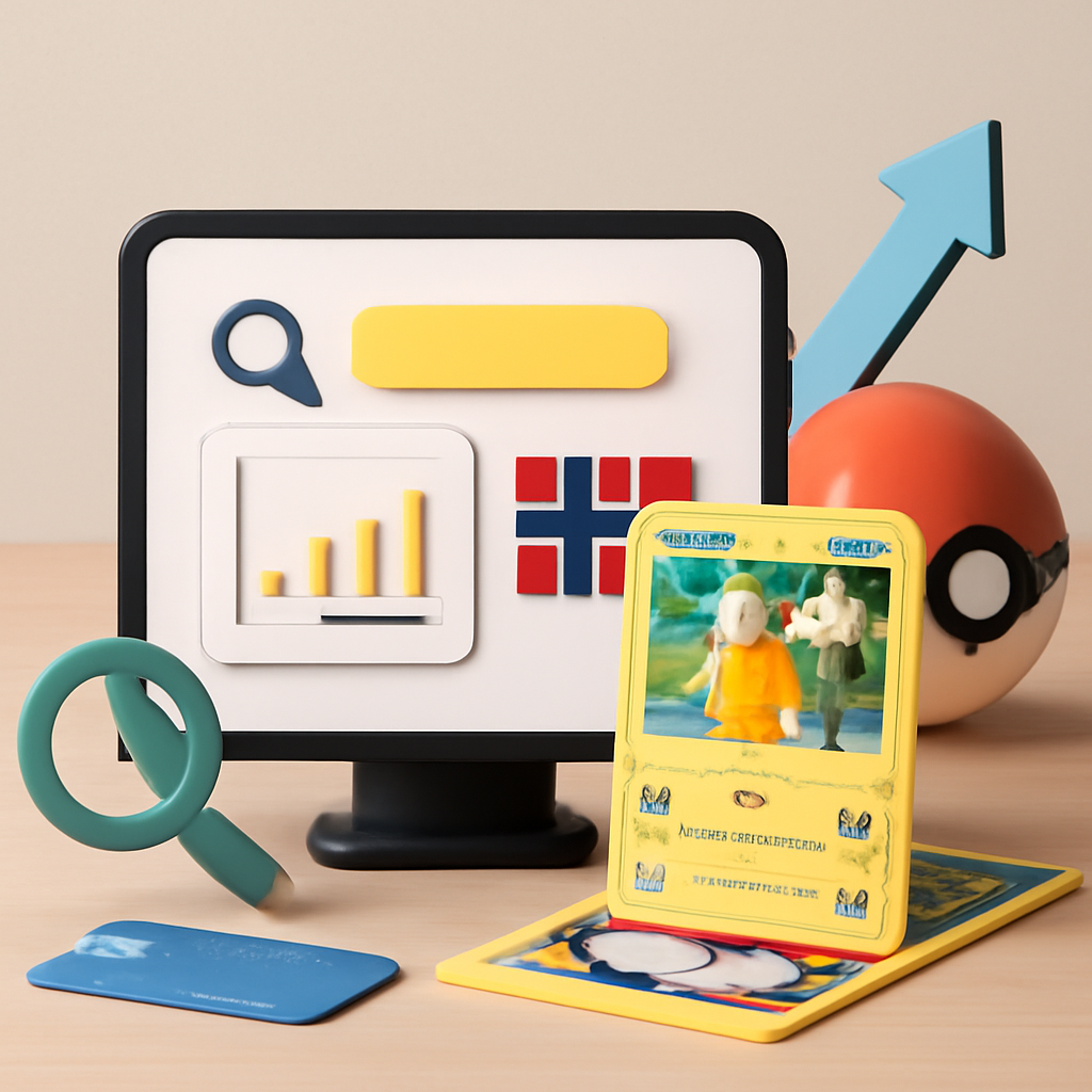 Pokémon-kort arrangert på skrivebord med prissammenligningsverktøy på skjerm