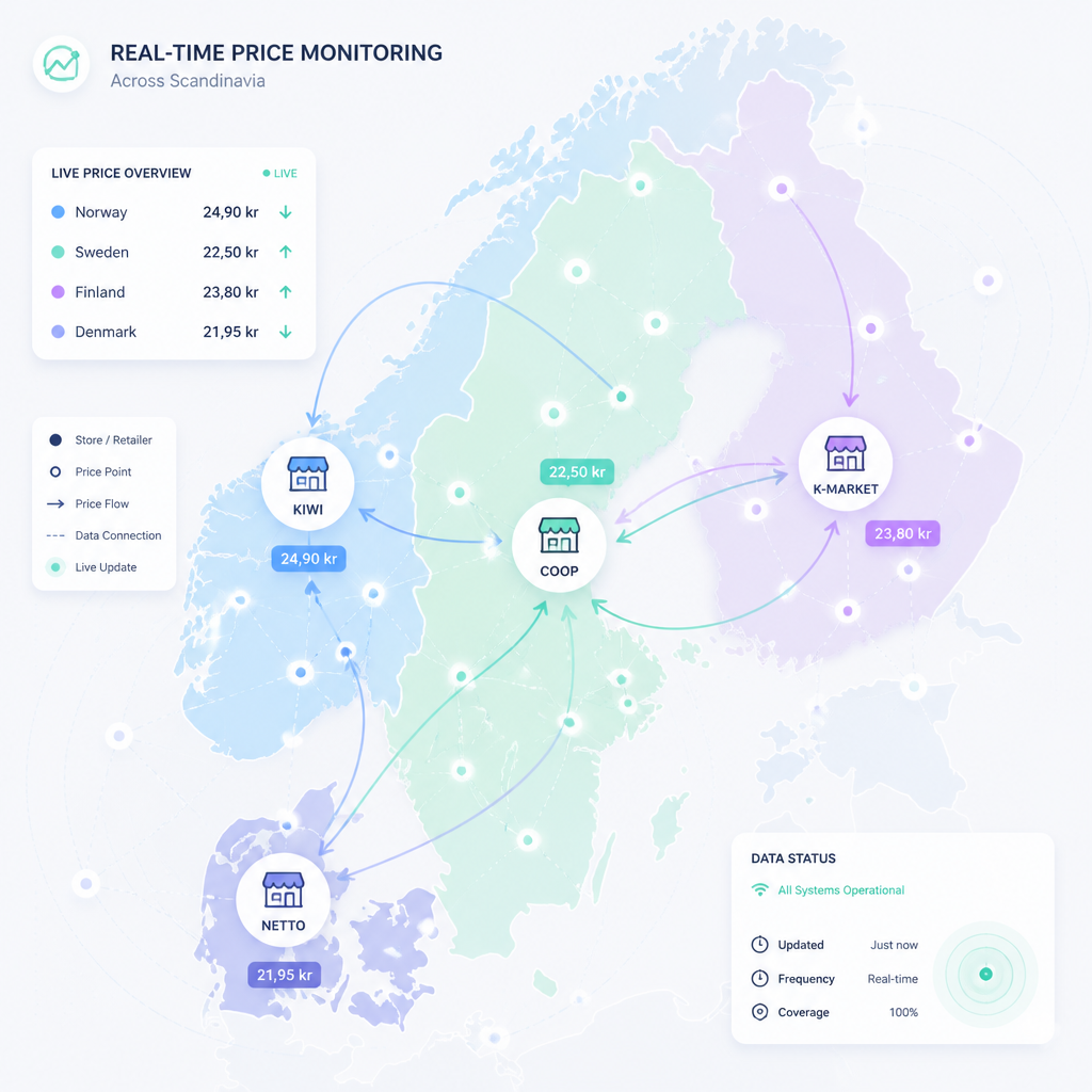 Abstrakt visualisering av prissammenligning på tvers av nordiske nettbutikker
