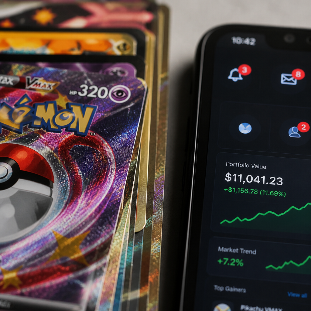 Pokémon-kort med varslinger og pristrender på mobilskjerm