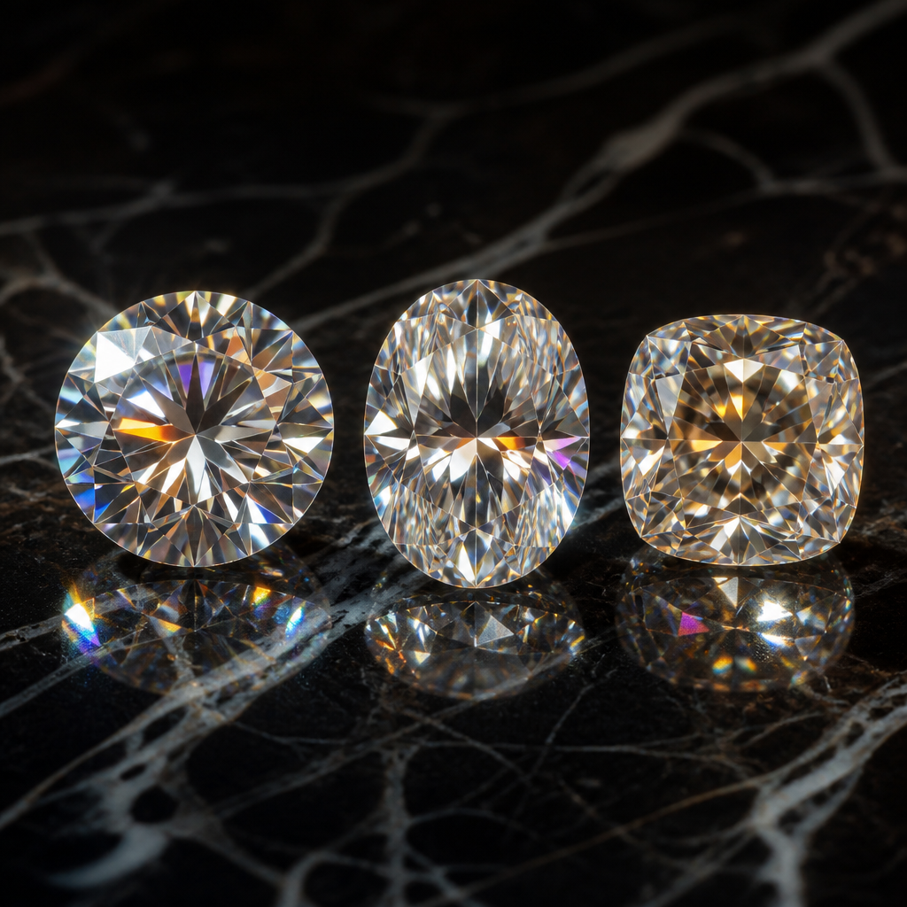 Three moissanite cuts (round, oval, cushion) displaying their distinct sparkle patterns under directional lighting