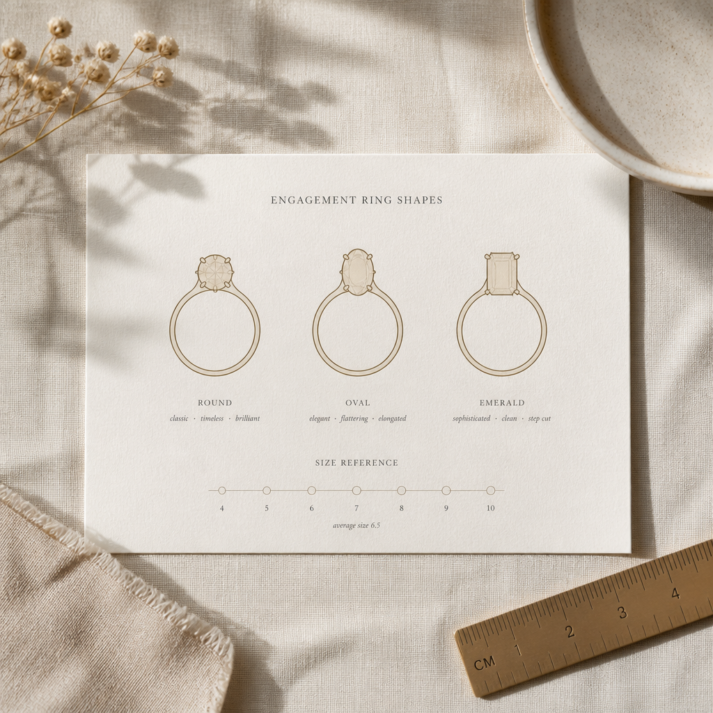 Visual comparison layout of round, oval, and cushion cut ring silhouettes arranged for side-by-side evaluation