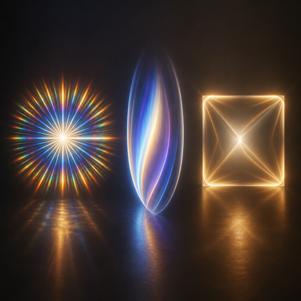 Abstract light refraction patterns illustrating how round, oval, and cushion cuts each disperse light differently