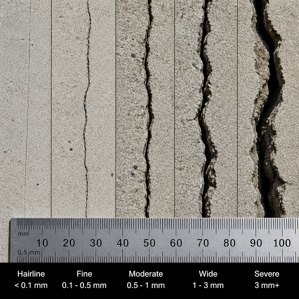Comparaison détaillée de fissures de différentes largeurs sur béton avec échelle de mesure