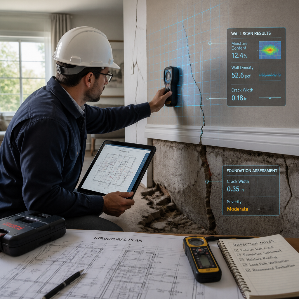 Inspection professionnelle d'un bâtiment avec outils numériques de diagnostic structurel