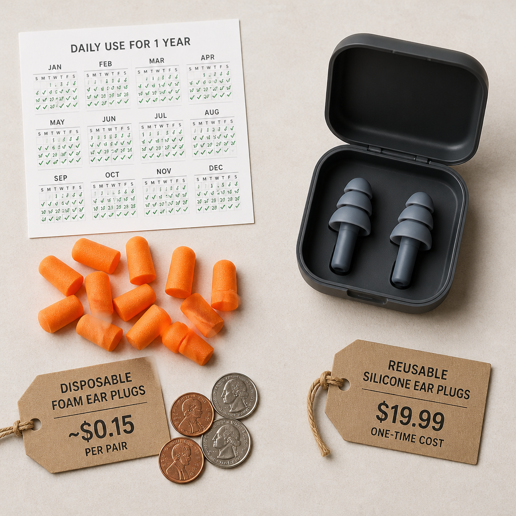 Disposable foam ear plugs scattered next to a yearly calendar compared to a pair of reusable silicone ear plugs in a storage case
