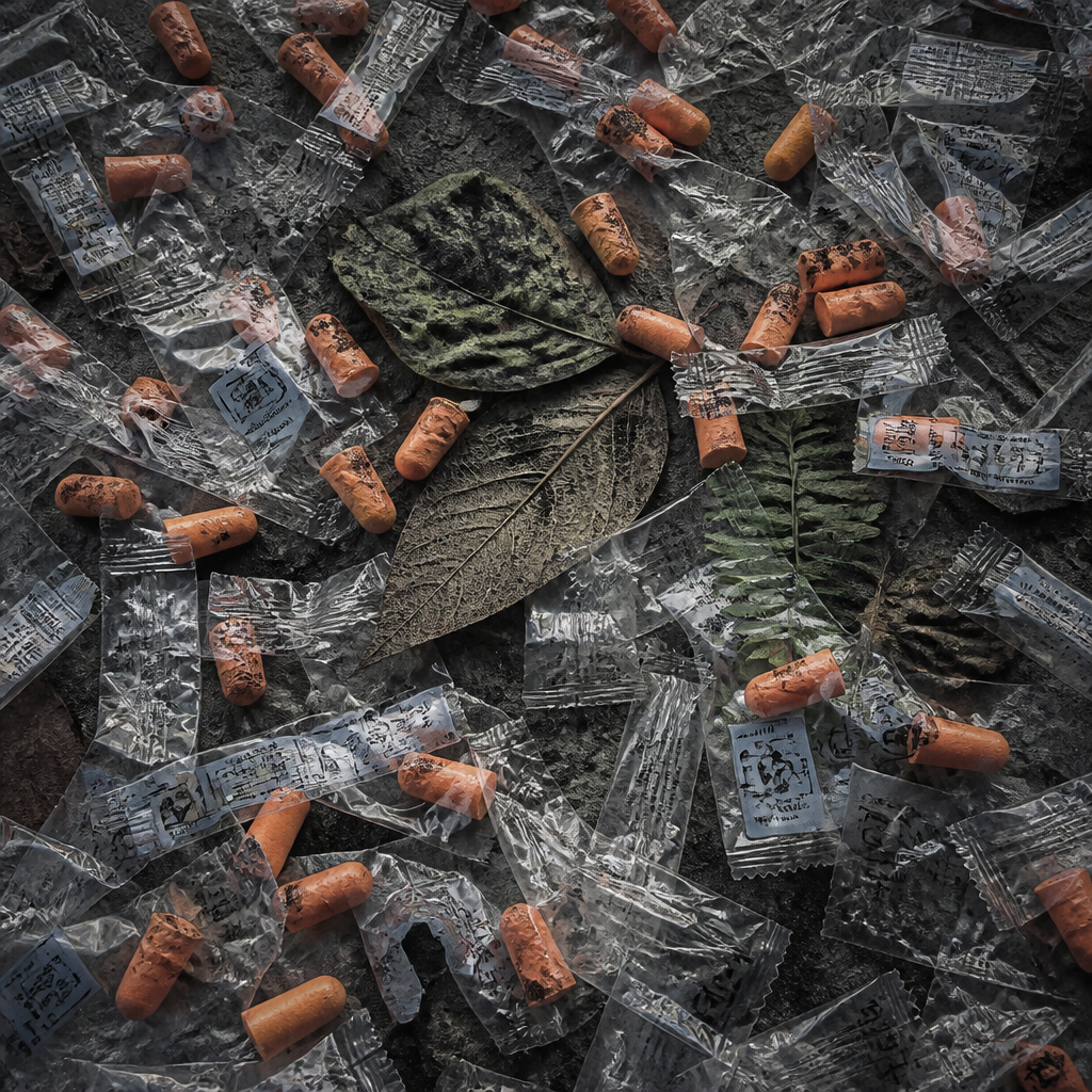 Discarded disposable ear plugs and packaging scattered on a gray surface, representing landfill waste