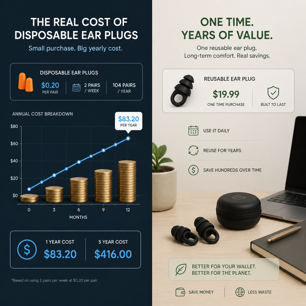 Visual comparison of annual costs for disposable ear plugs versus the long-term value of reusable alternatives