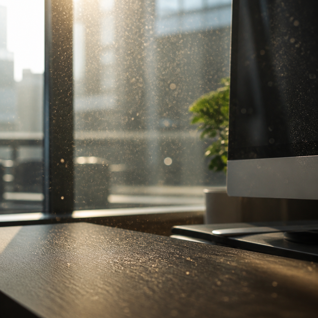 Dust particles visible in office sunlight, showing accumulated buildup in commercial space