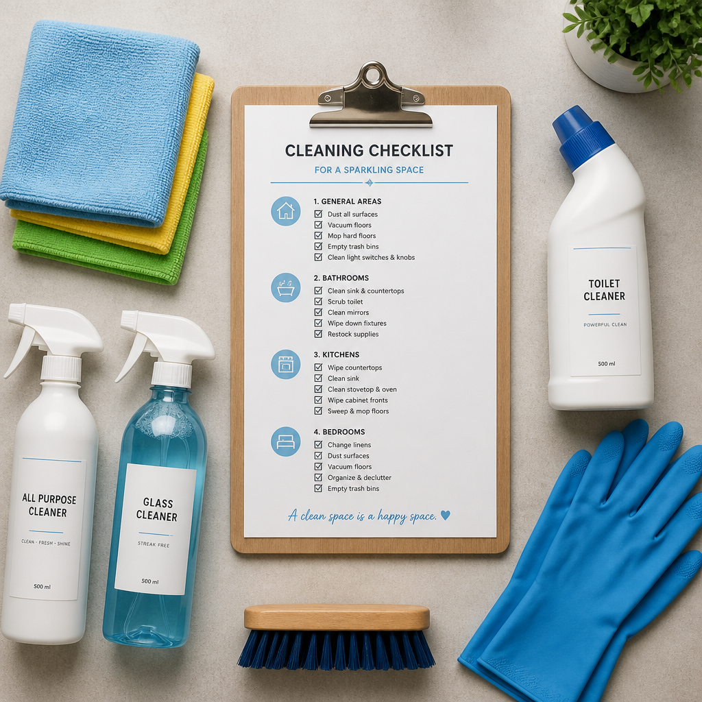 Professional cleaning supplies and checklist arranged on workspace surface