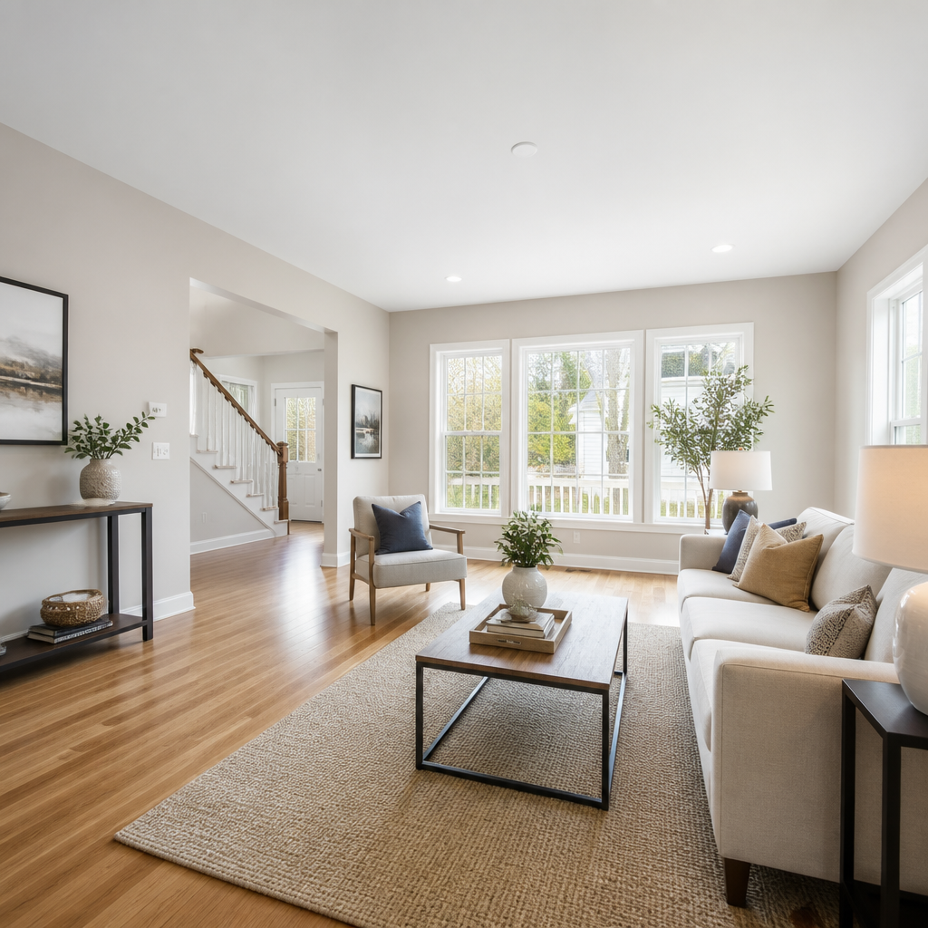 Freshly painted modern living room with neutral walls and natural lighting