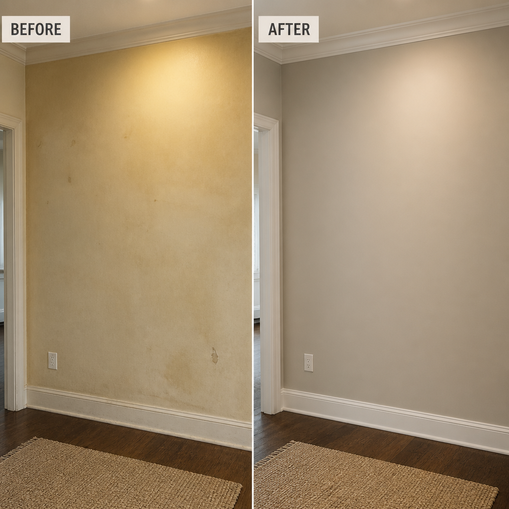 Before and after comparison of painted walls showing home transformation
