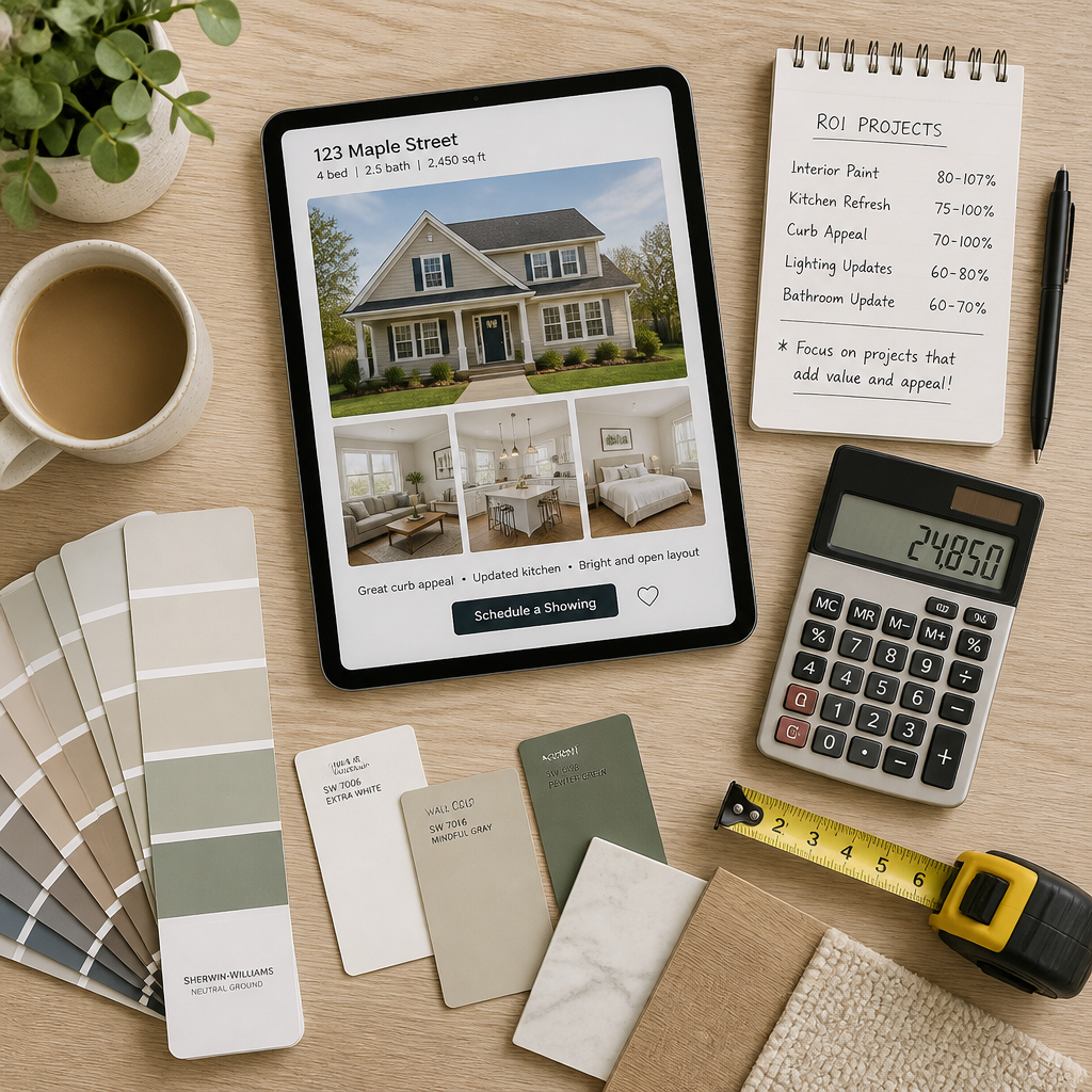 Flat-lay of home selling preparation materials including paint swatches and planning tools