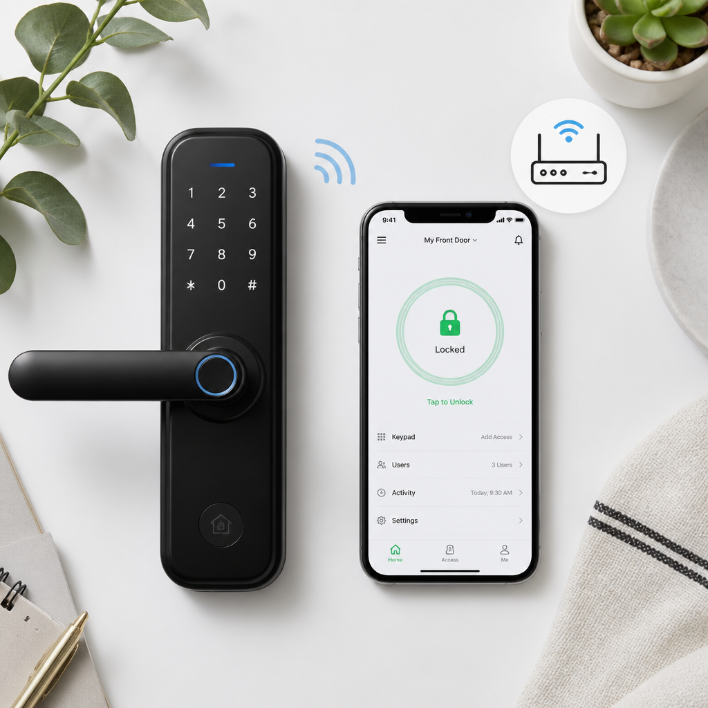 Bluetooth smart lock and smartphone displaying connection technology