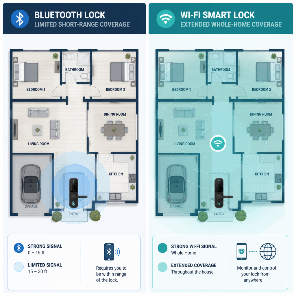 Visual comparison of Bluetooth versus Wi-Fi connectivity range in a home