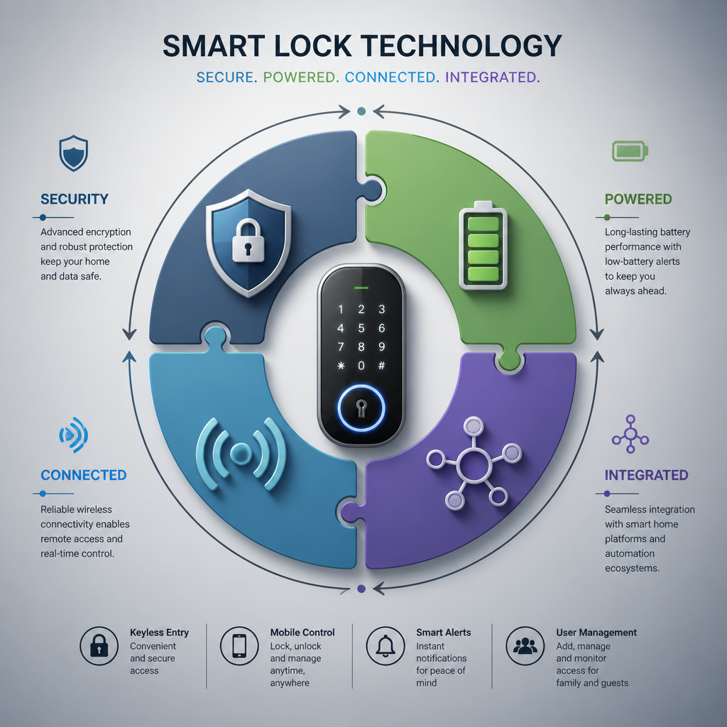 Abstract representation of smart lock features including security, battery, and connectivity