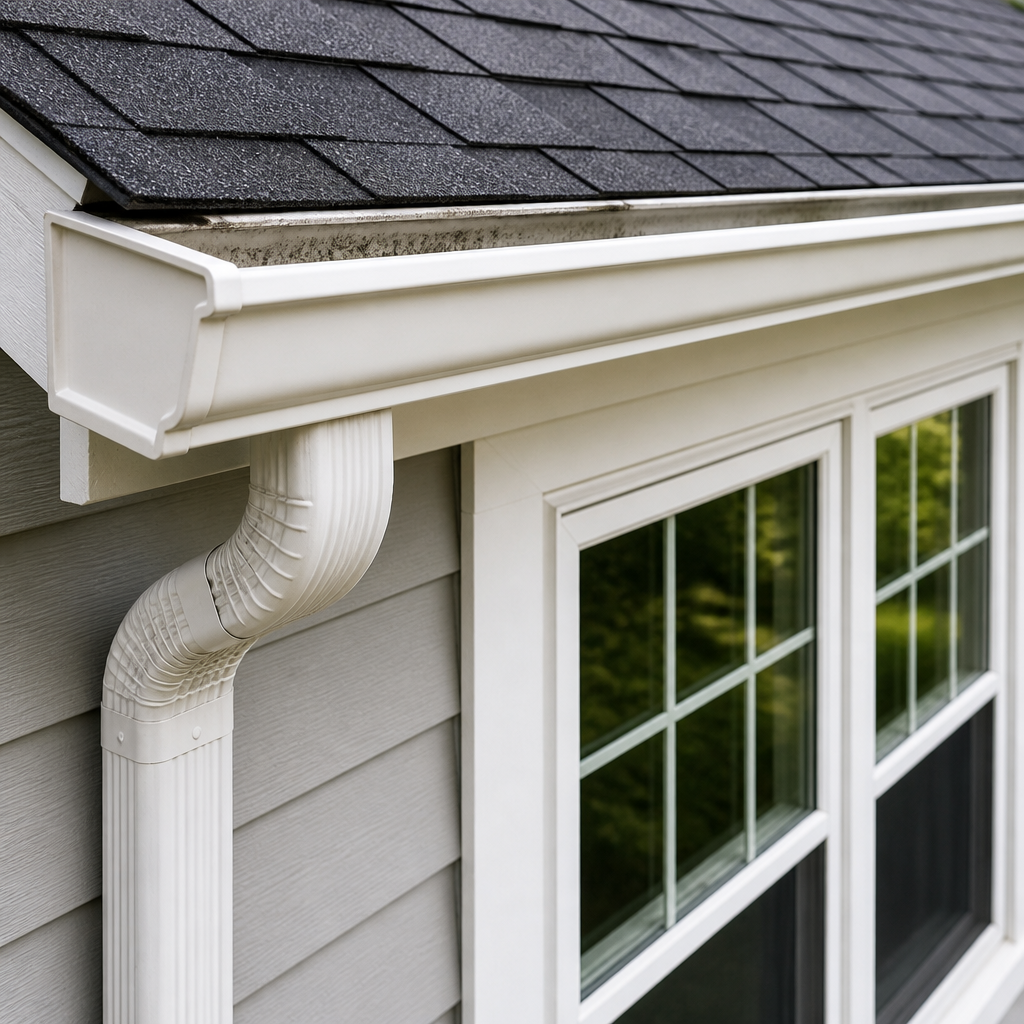 Exterior home features including gutters and window frames ready for cleaning