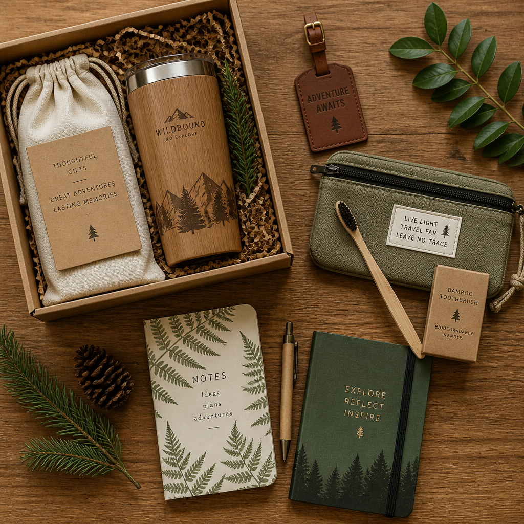 Curated gift items arranged on wood surface showing thoughtful selection