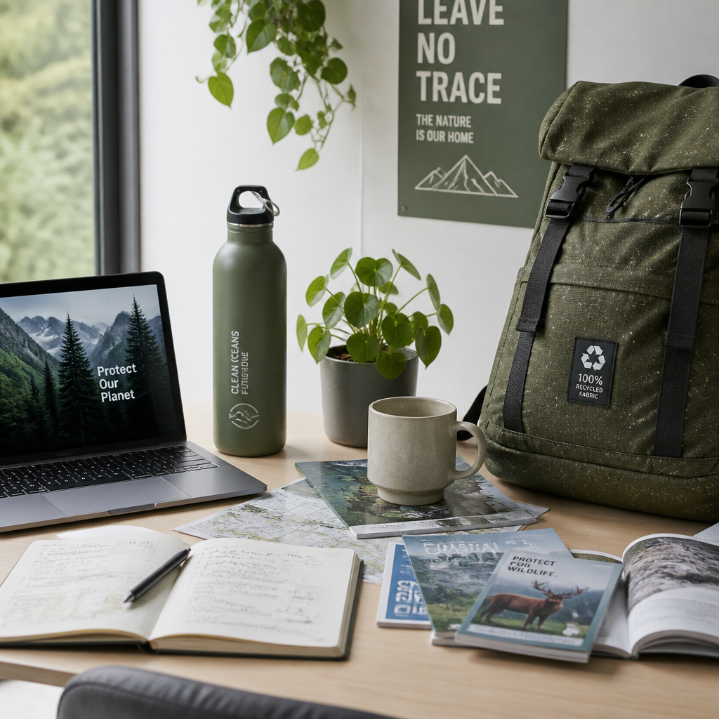 Outdoor enthusiast workspace with sustainable gear and eco-friendly products