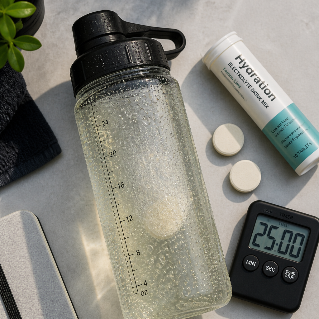 Electrolyte drink mix and hydration supplies with water bottle on desk