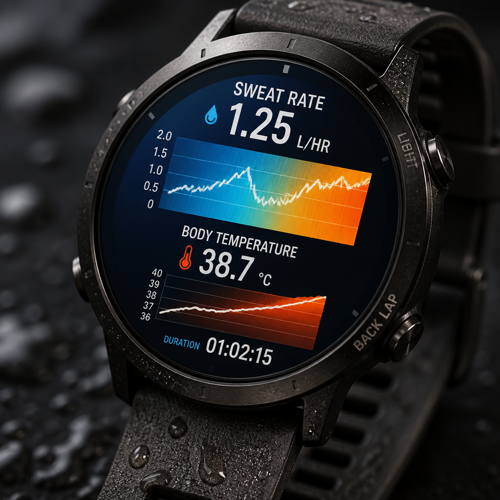 Fitness tracker displaying sweat rate and temperature monitoring data
