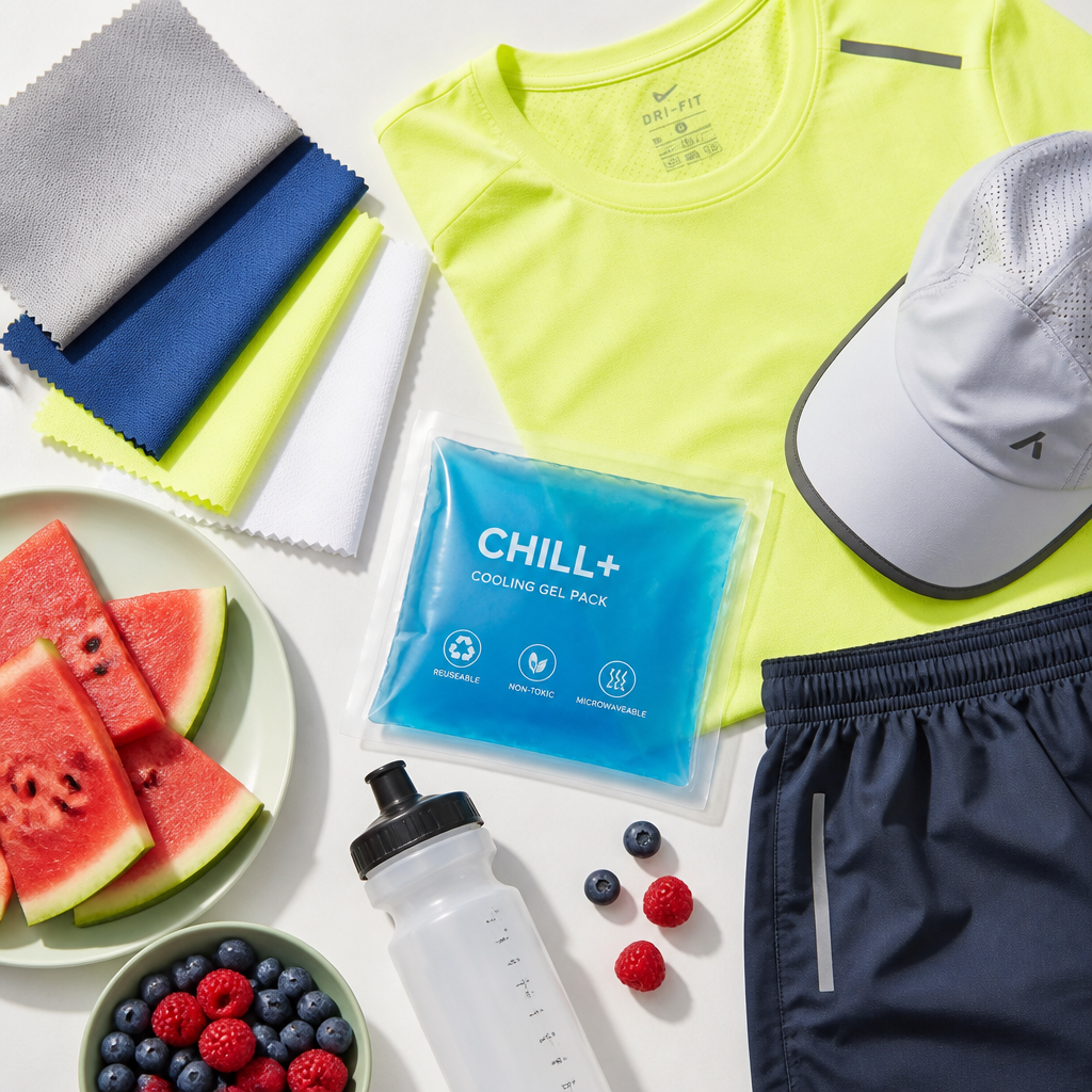 Collection of summer training gear and hydrating foods arranged flat lay style