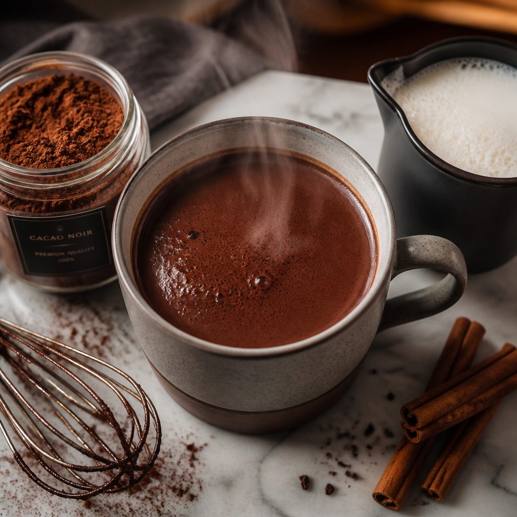Café-quality hot chocolate in a ceramic mug with artisanal ingredients and equipment on a marble counter