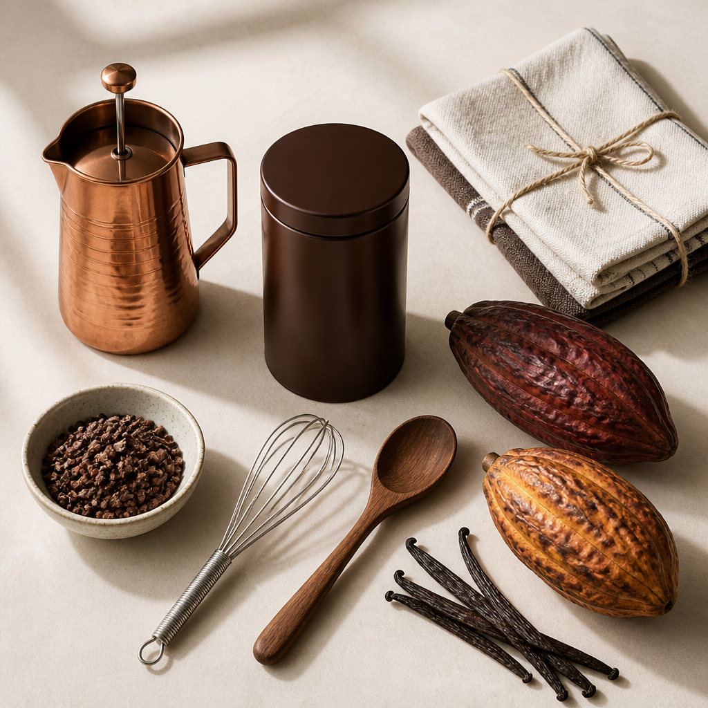 Flat lay of premium hot chocolate-making equipment and quality ingredients on a neutral surface