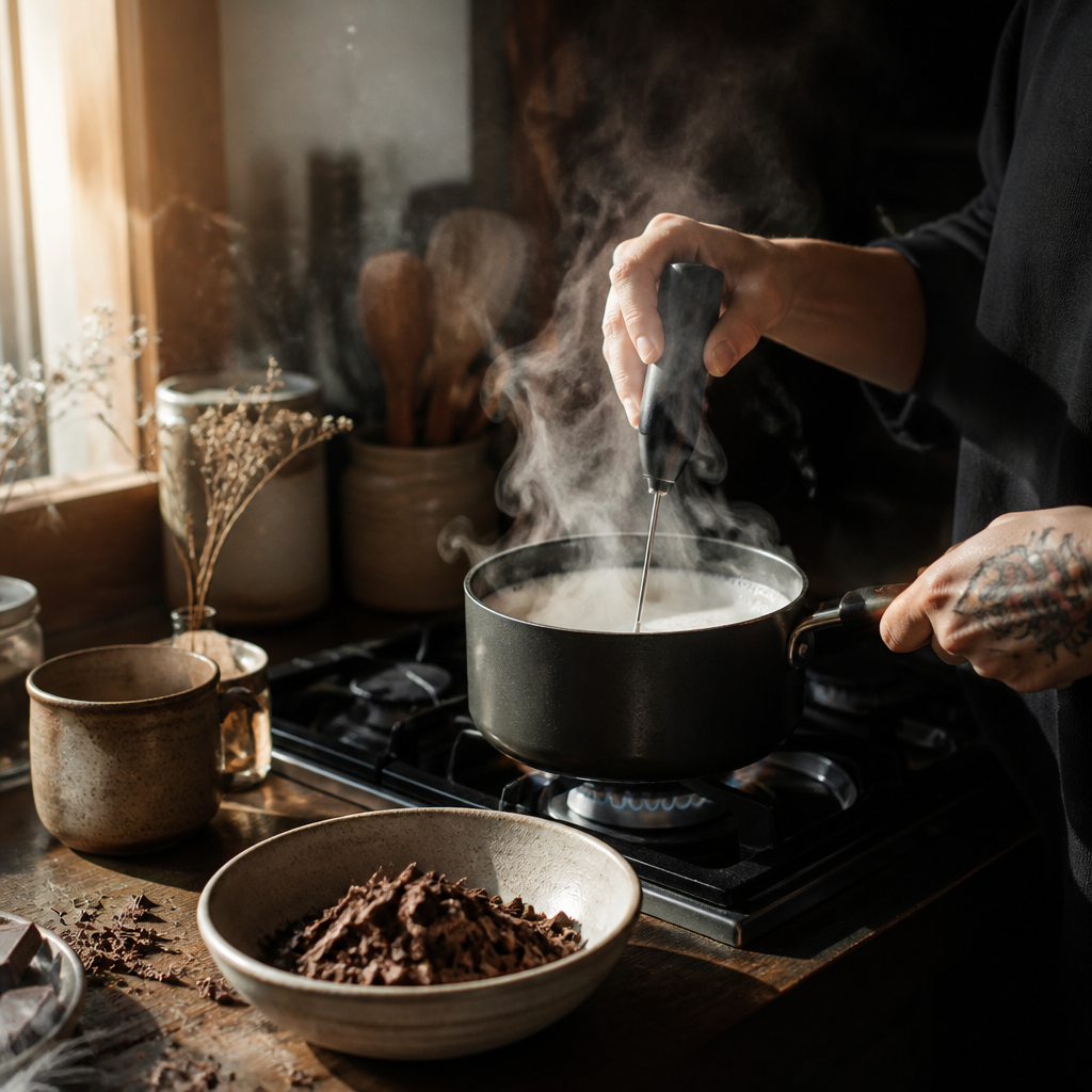 Hands-on hot chocolate preparation with milk being heated and frothed on a stovetop