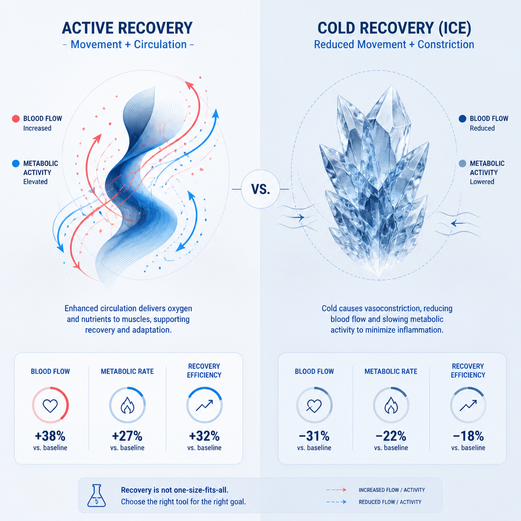 Infográfico comparativo: recuperação ativa versus banho de gelo com representação abstrata de processos fisiológicos