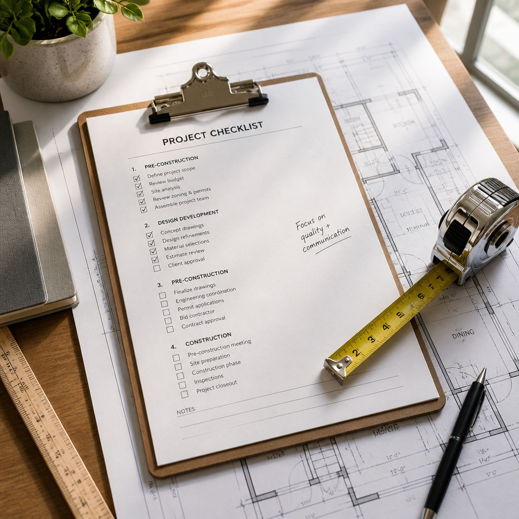 Inspection checklist and building documentation on a desk