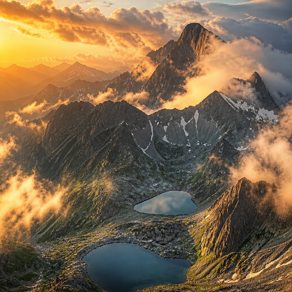 Tatry w świetle zachodu słońca z widokiem na jeziora i granie górskie