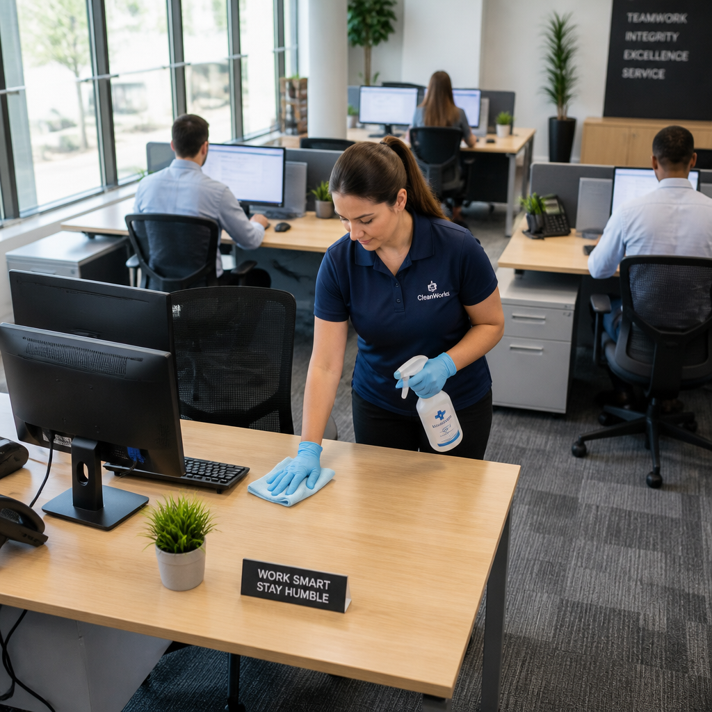 Professional office cleaning in progress with technician sanitizing workspace - Commercial Cleaning Frequency Guide Frankston