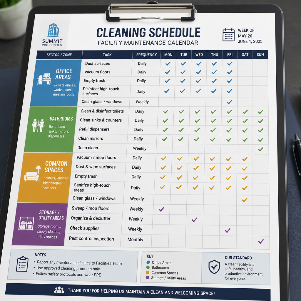 Digital cleaning schedule planning tool showing sector-specific frequencies - Commercial Cleaning Frequency for offices