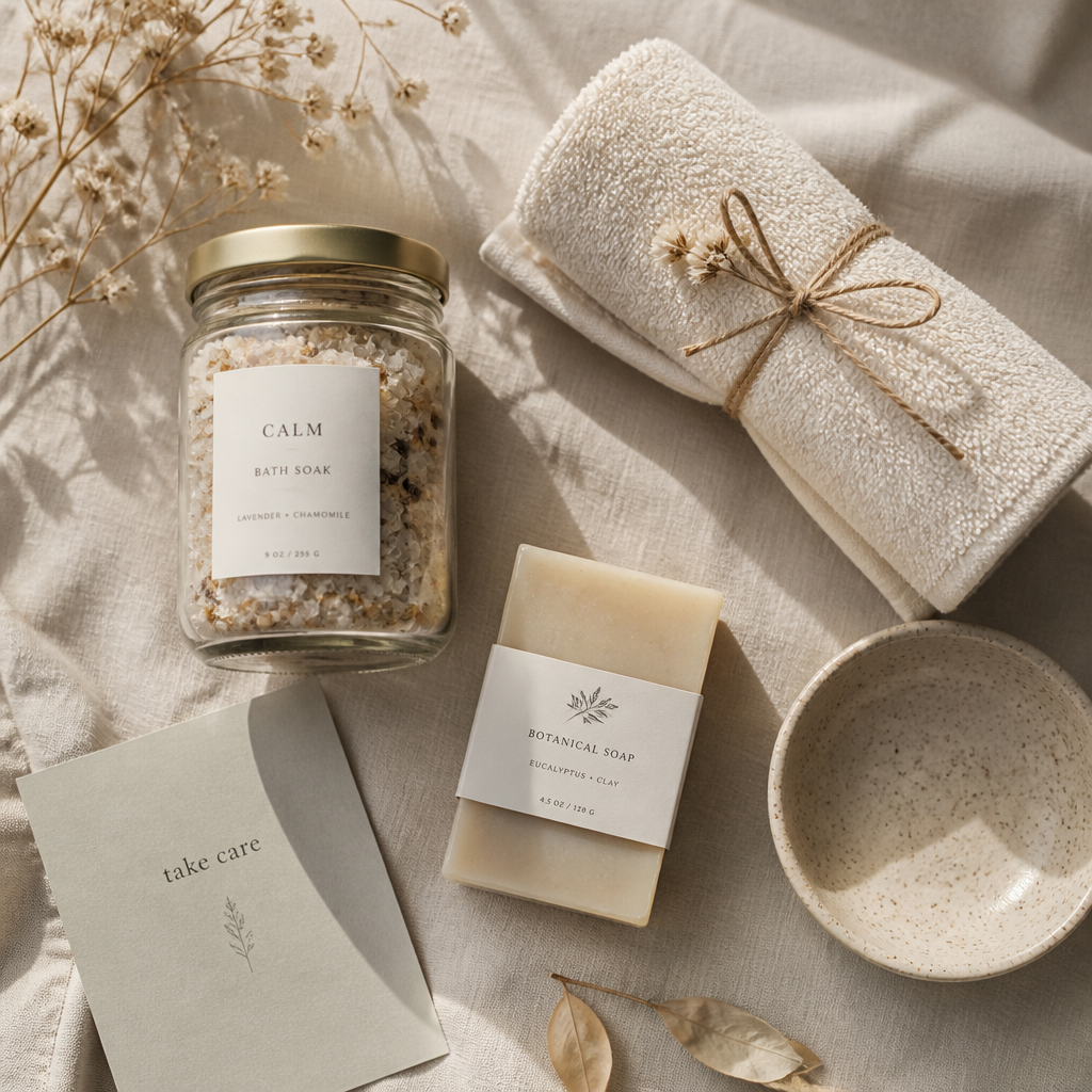 Curated self-care gift items including bath salts, soap, and towel arranged on a neutral surface