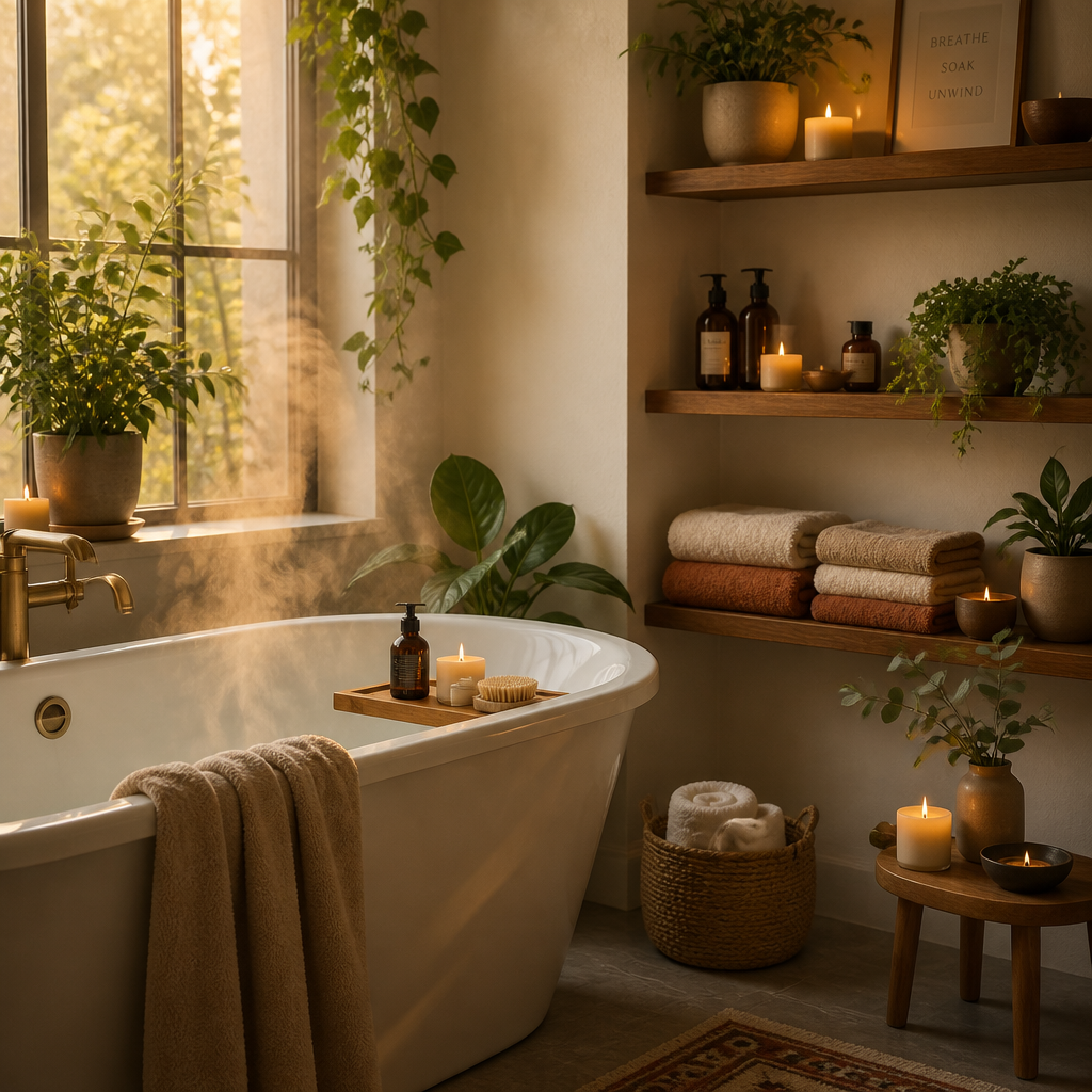 Tranquil bathroom retreat with plants, folded towels, and soft lighting