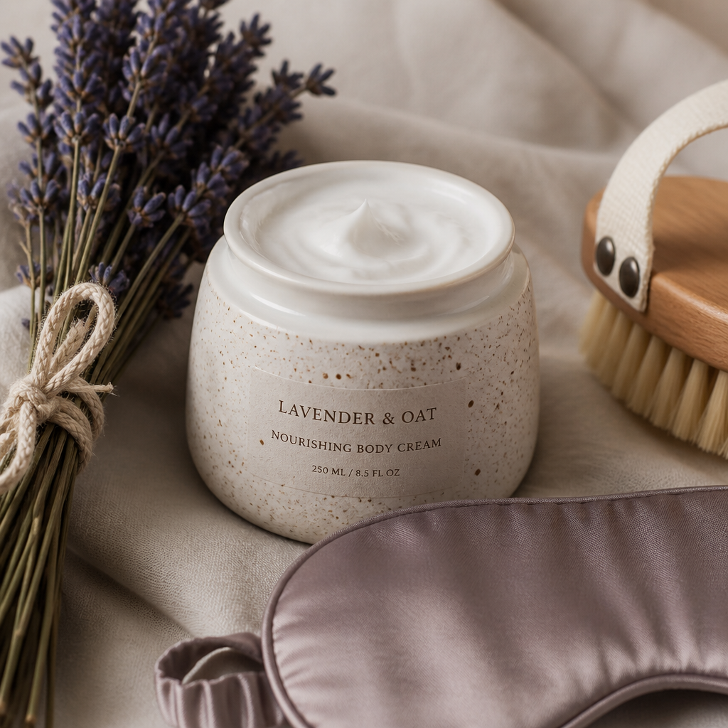 Premium self-care products including cream jar, dried lavender, and bath brush in close detail