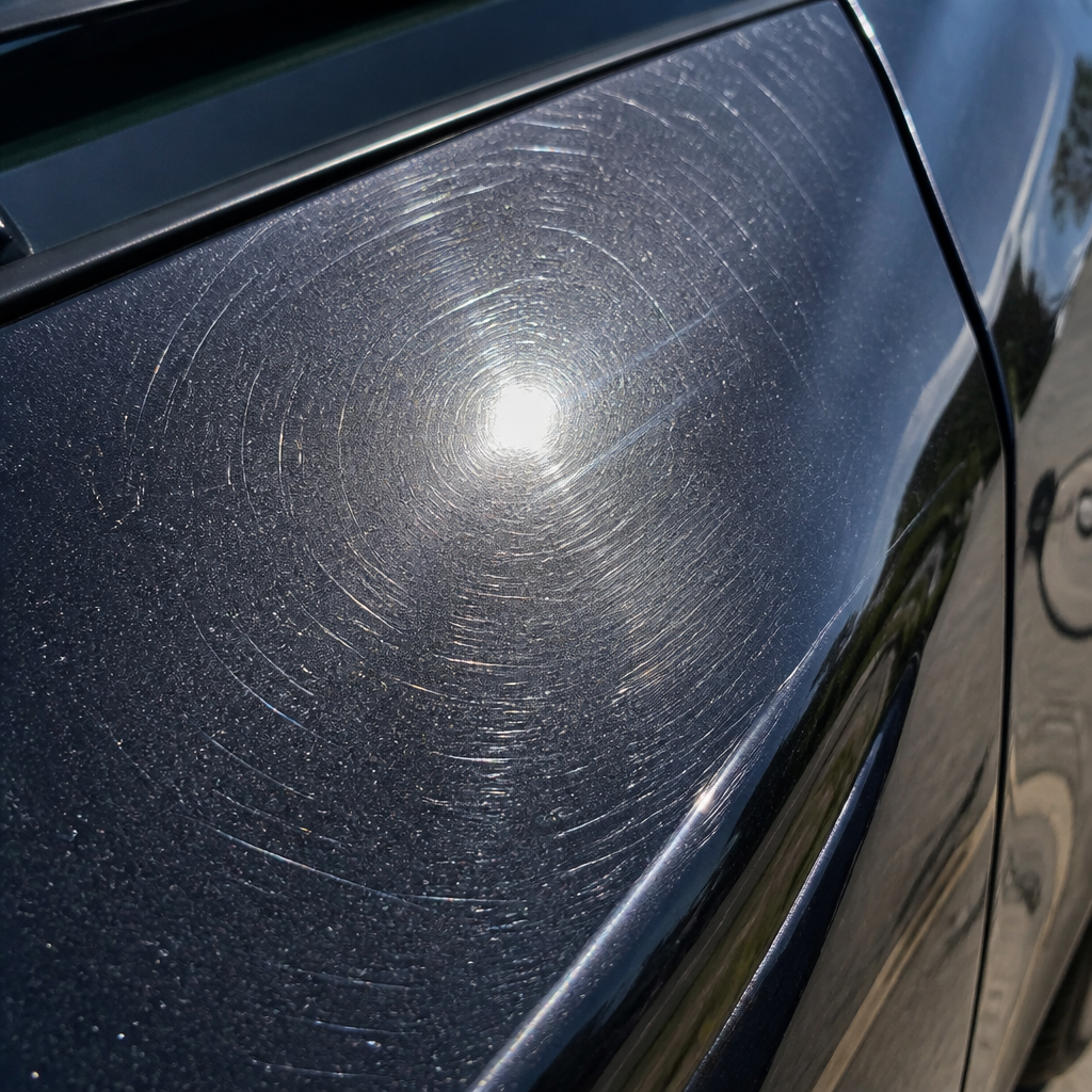 Close-up of scratched and swirled luxury car paint under sunlight showing clear coat defects