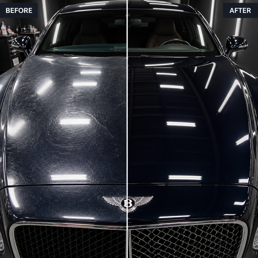 Before-and-after paint correction results on luxury vehicle showing improved gloss and clarity