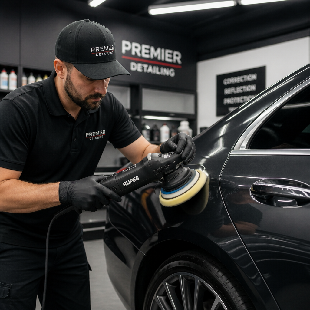 Detailer using professional polishing machine for paint correction on luxury vehicle in detail shop