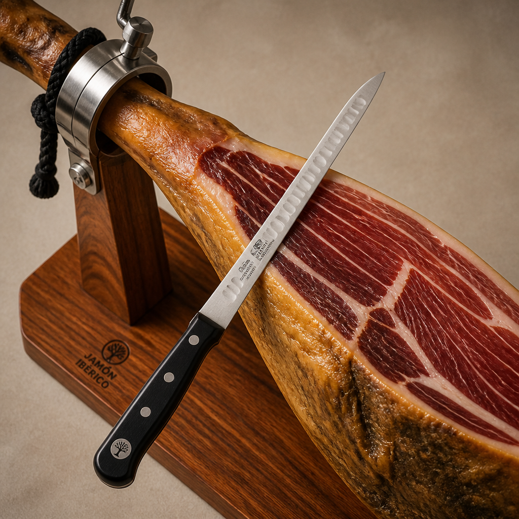 Jamón ibérico en jamonero con cuchillo profesional de corte posicionado