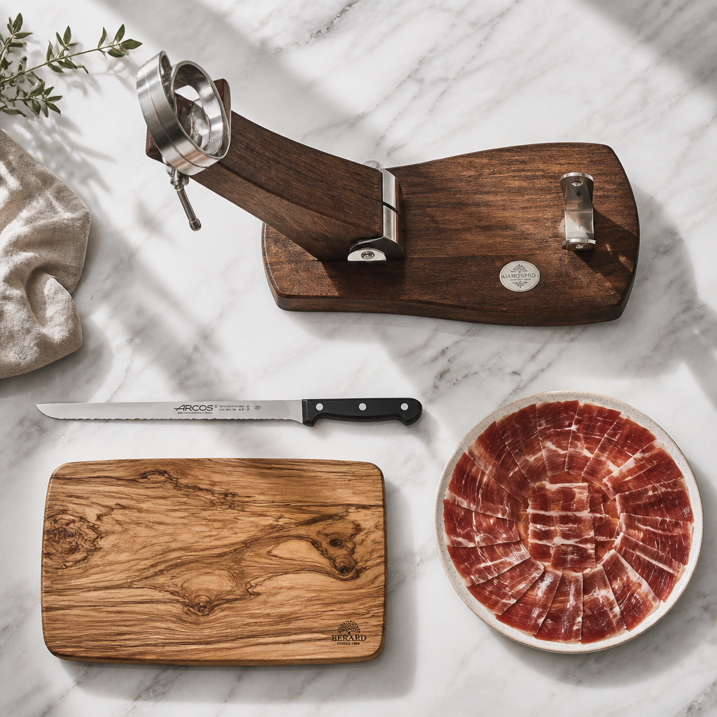 Herramientas imprescindibles para cortar jamón: jamonero, cuchillo y tabla