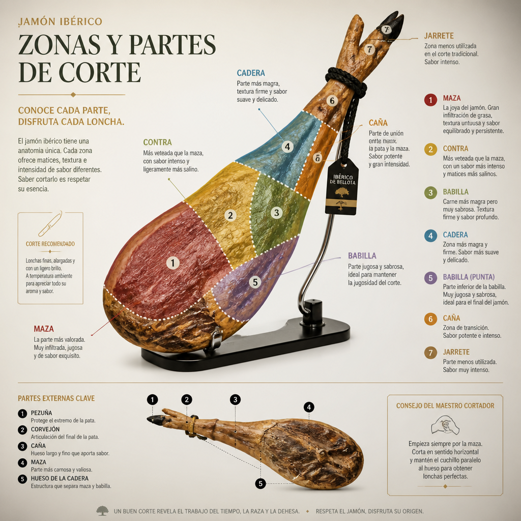 Diagrama de partes del jamón ibérico con zonas de corte identificadas