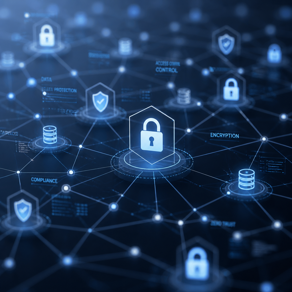 Abstrakt visuel af forbundne låse og digitale knudepunkter, der repræsenterer IT-sikkerhed og compliance